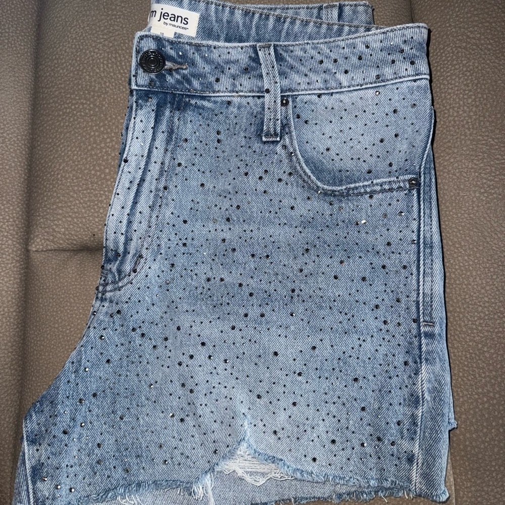 Maurices Light Blue High Waist Denim Shorts with Rhinestones